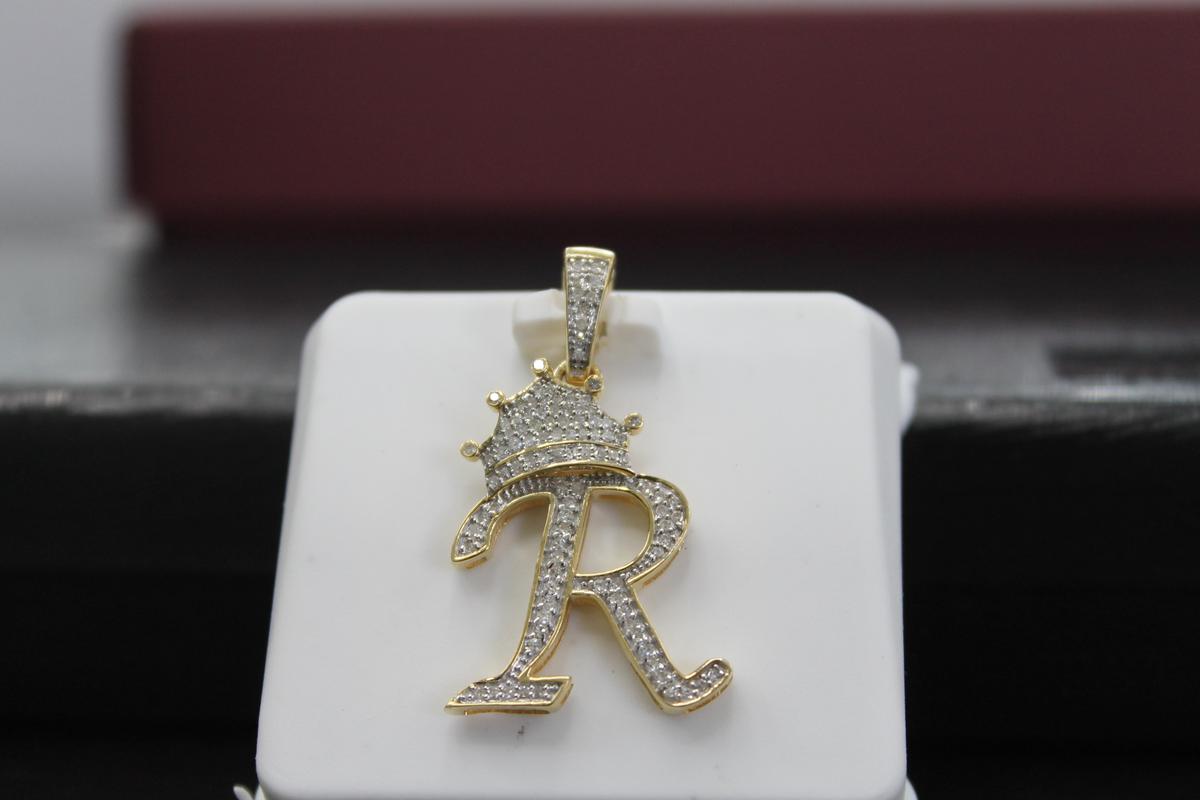 10K Gold With Natural Diamonds Minimalist Initial R Crown Pendant, photo 2 of 2