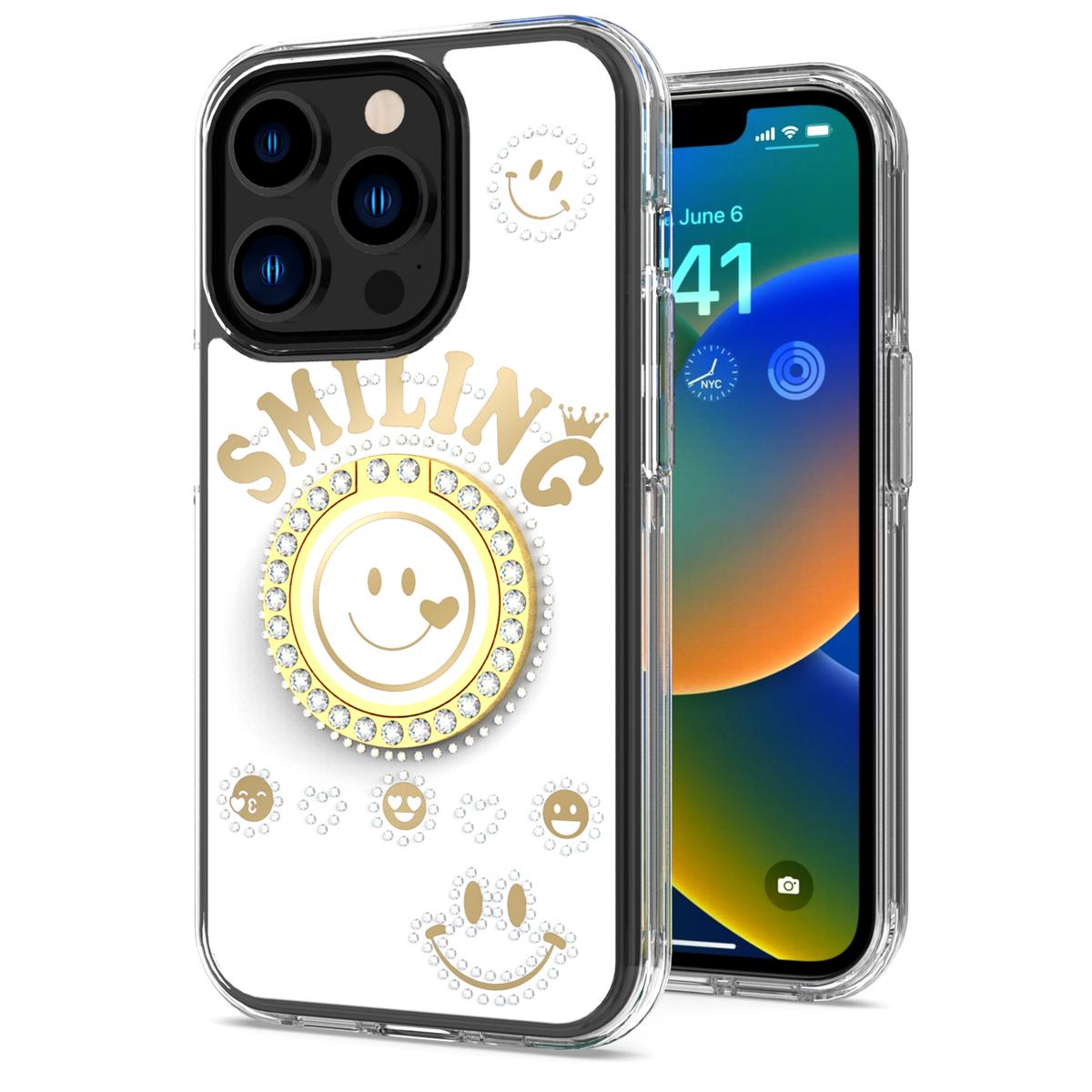 iPhone 15 Smiling Glitter Ornament Bling With Ring Stand Hybrid Case Cover - White