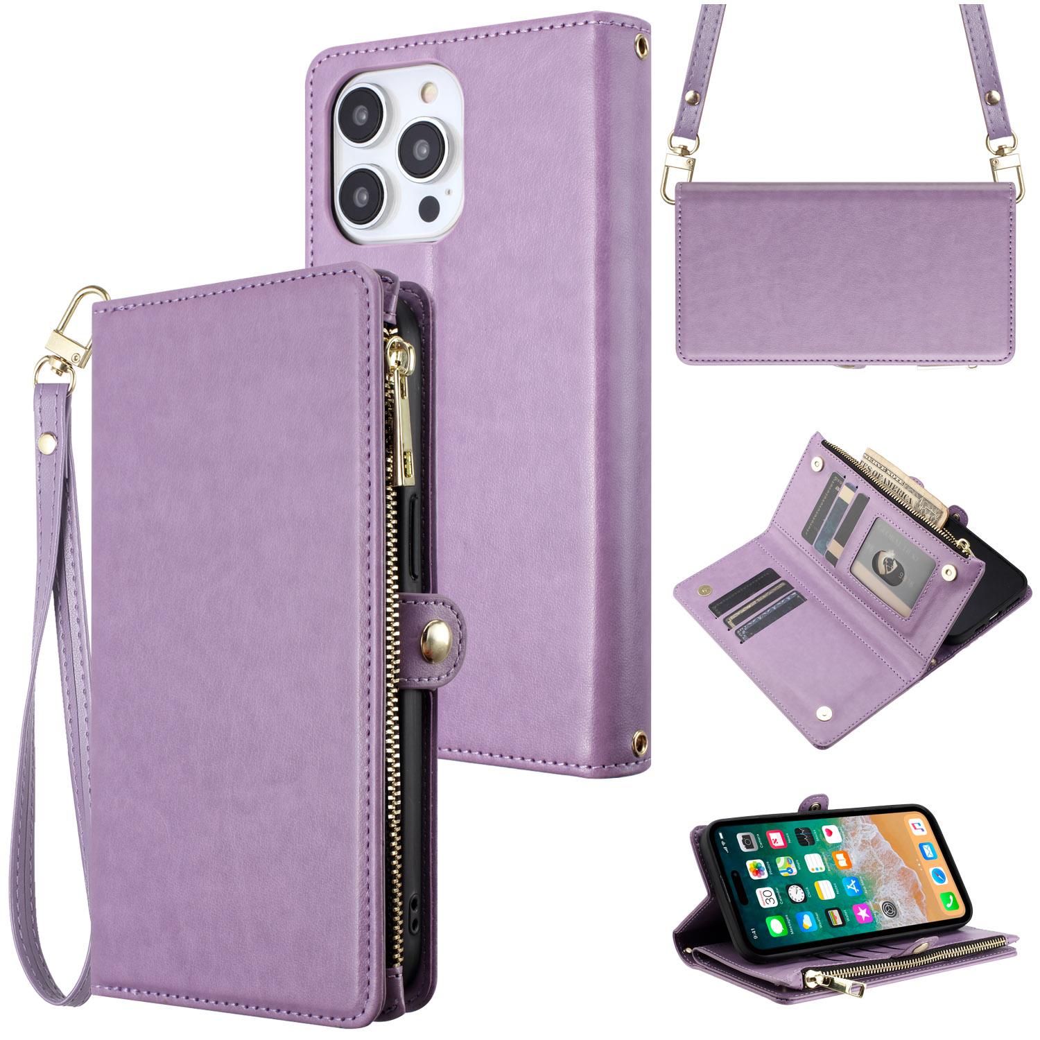 iPhone 15 Purse Style Wallet Card ID Money Holder with Zip containing Long & Short Lanyard - Bright Purple