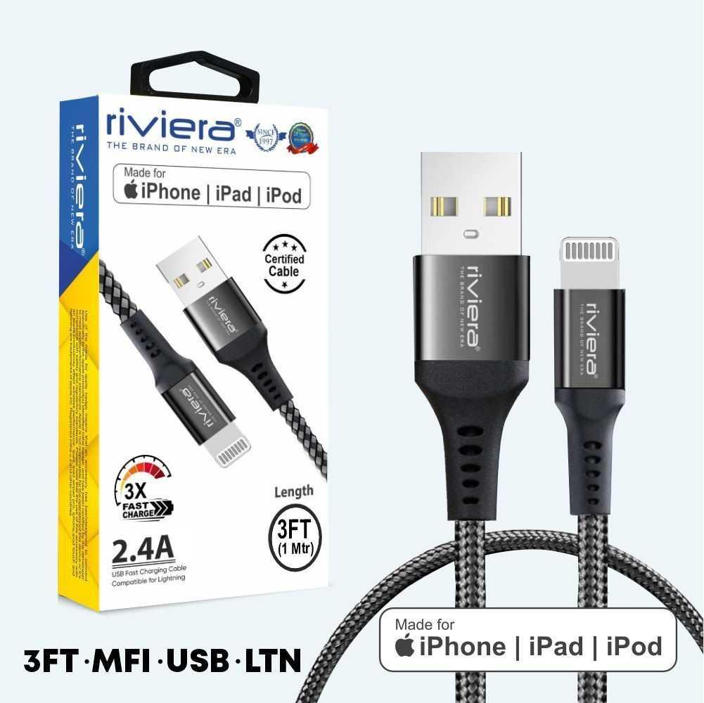 3 Feet Usb - Iphone Lightning - Mfi 2.4amp Fast Charging Cable - Riviera - Black Braided 17