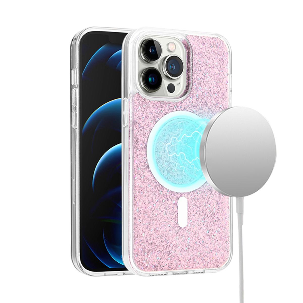 iPhone 15 Epoxy Glitter [Magnetic Circle] ShockProof Hybrid 2.5mm Thick - Rose Gold