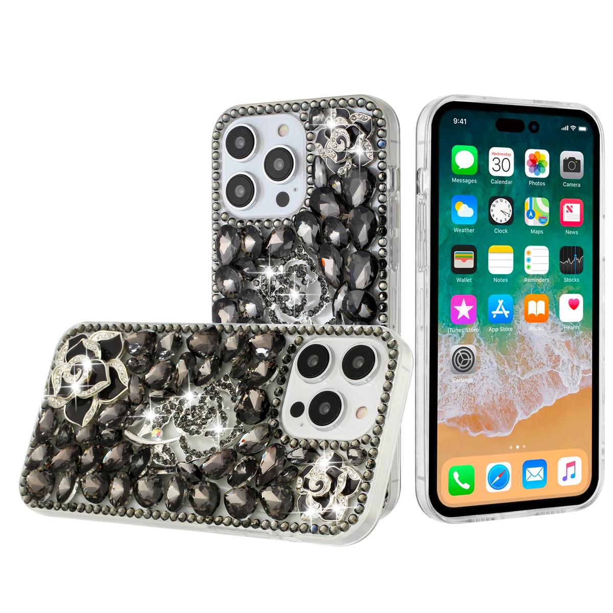 iPhone 15 Floral Full Diamond Bling Case Cover - Smoke