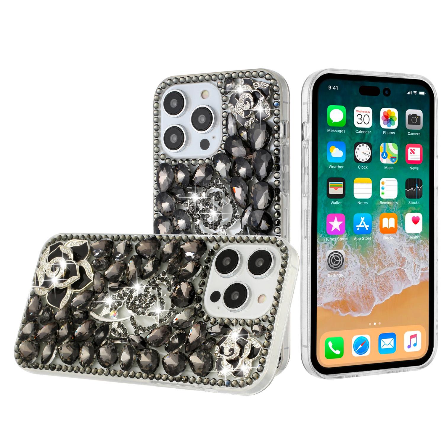 iPhone 15 Floral Full Diamond Bling Case Cover - Smoke