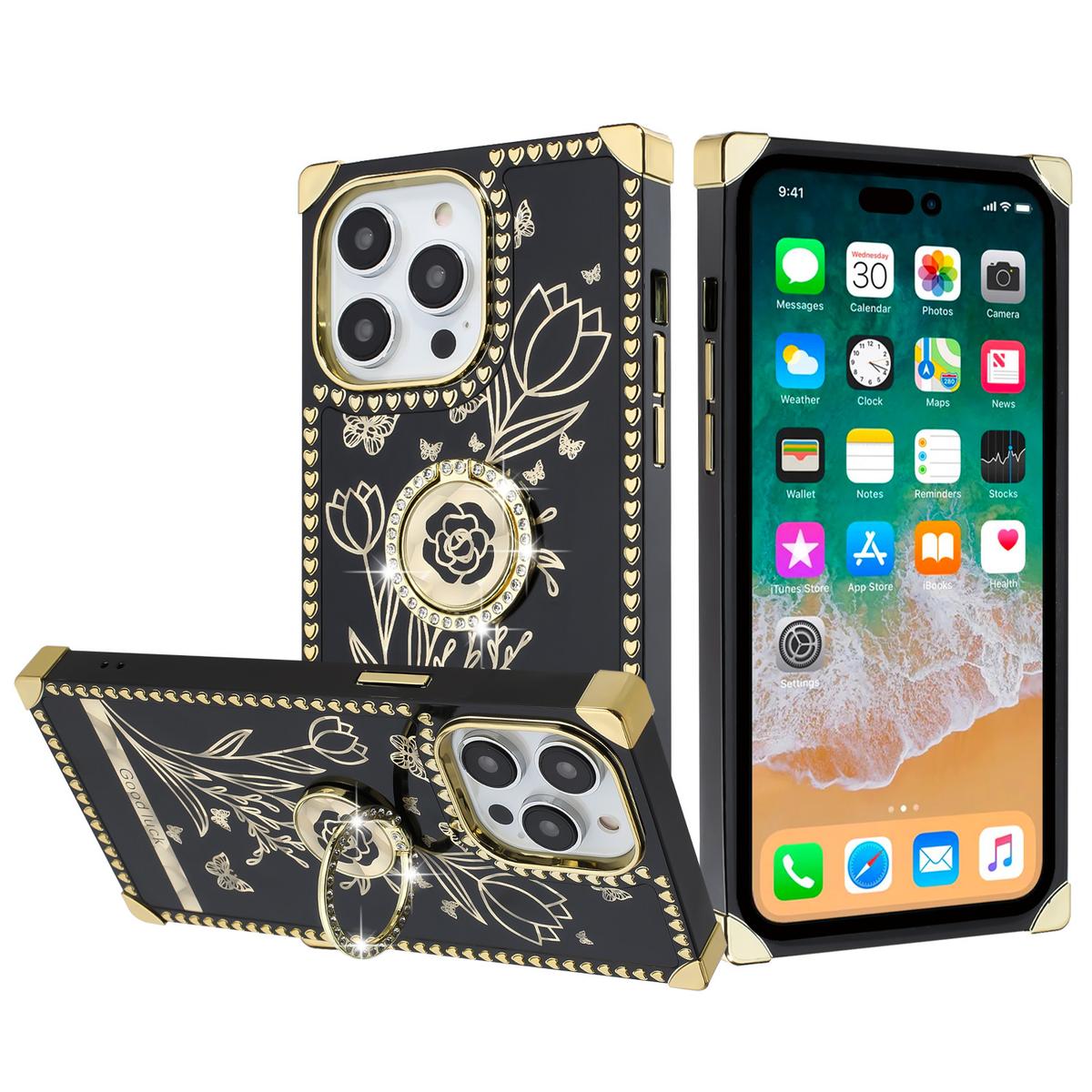 iPhone 15 SQUARE Passion Glitter Diamond Ring Stand Case Cover - BLACK CHROME