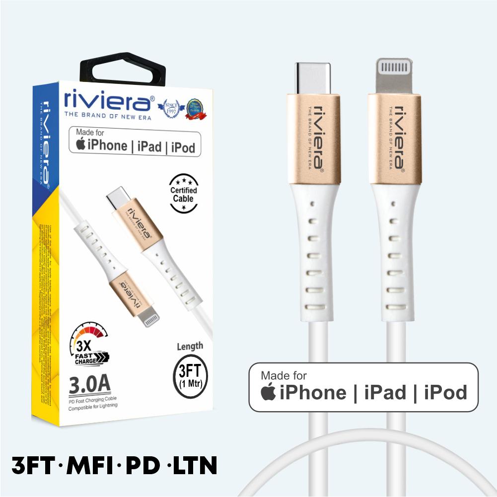 3 Feet - [Type C (PD) - iPhone Lightning - MFI] 3 AMP RIVIERA - Fast Charging Cable - White