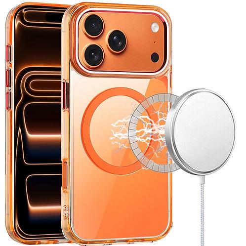 iPhone 17 Pro Max Magnetic Circle Ring Transparent Premium Acrylic Case with Metal Buttons & Camera Raised Lip – Cosmic Orange
