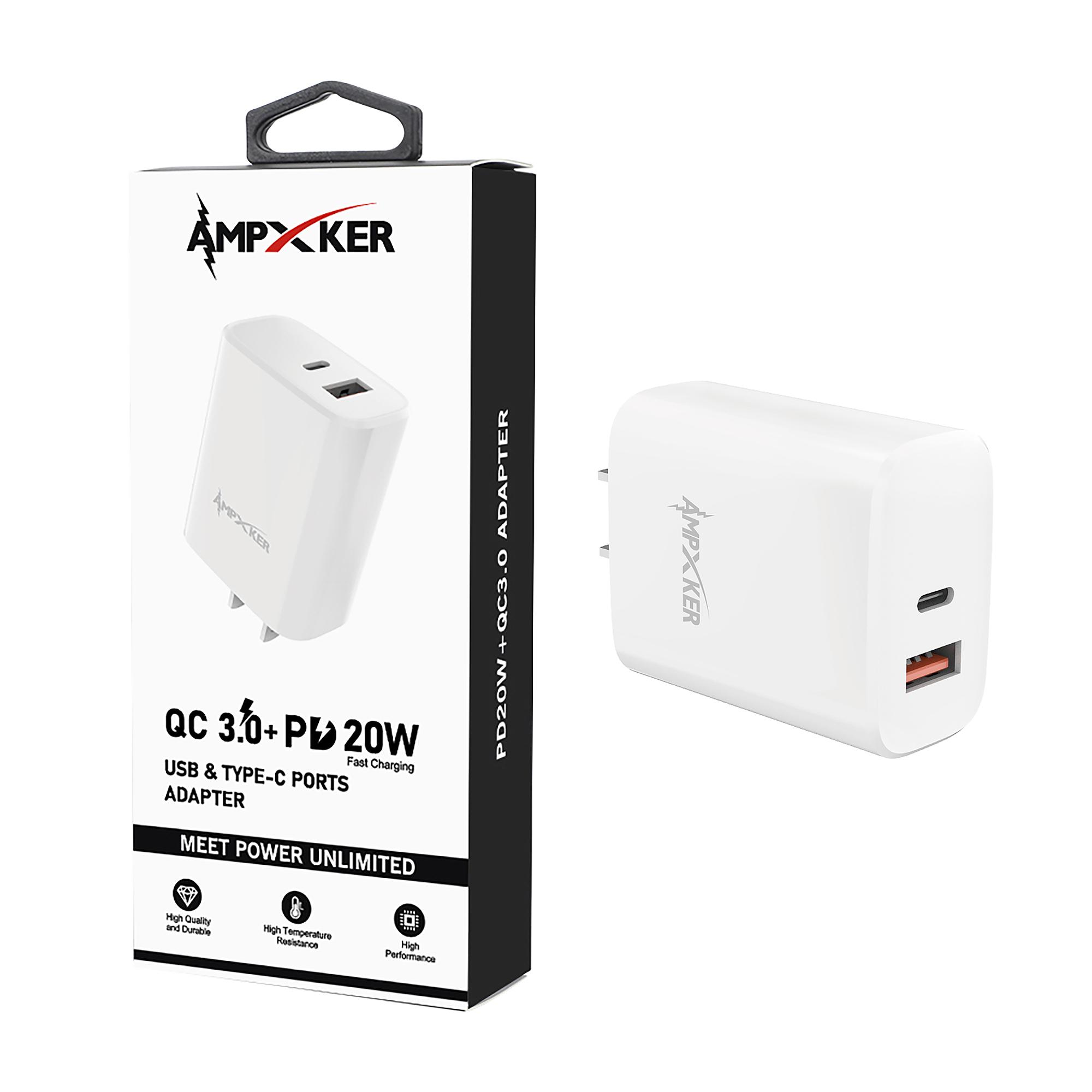 USB & Type C - Dual Port - Adapter - QC 3.0 Amp + PD 20W - WHITE
