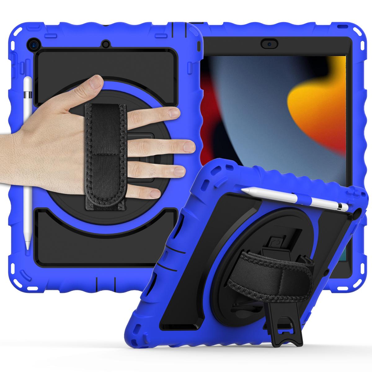 Apple iPad 9th 8th 7th Gen 10.2 inch Tablet Complete 360 Tough Hybrid Kickstand with Shoulder Hand Strap - Dark Blue