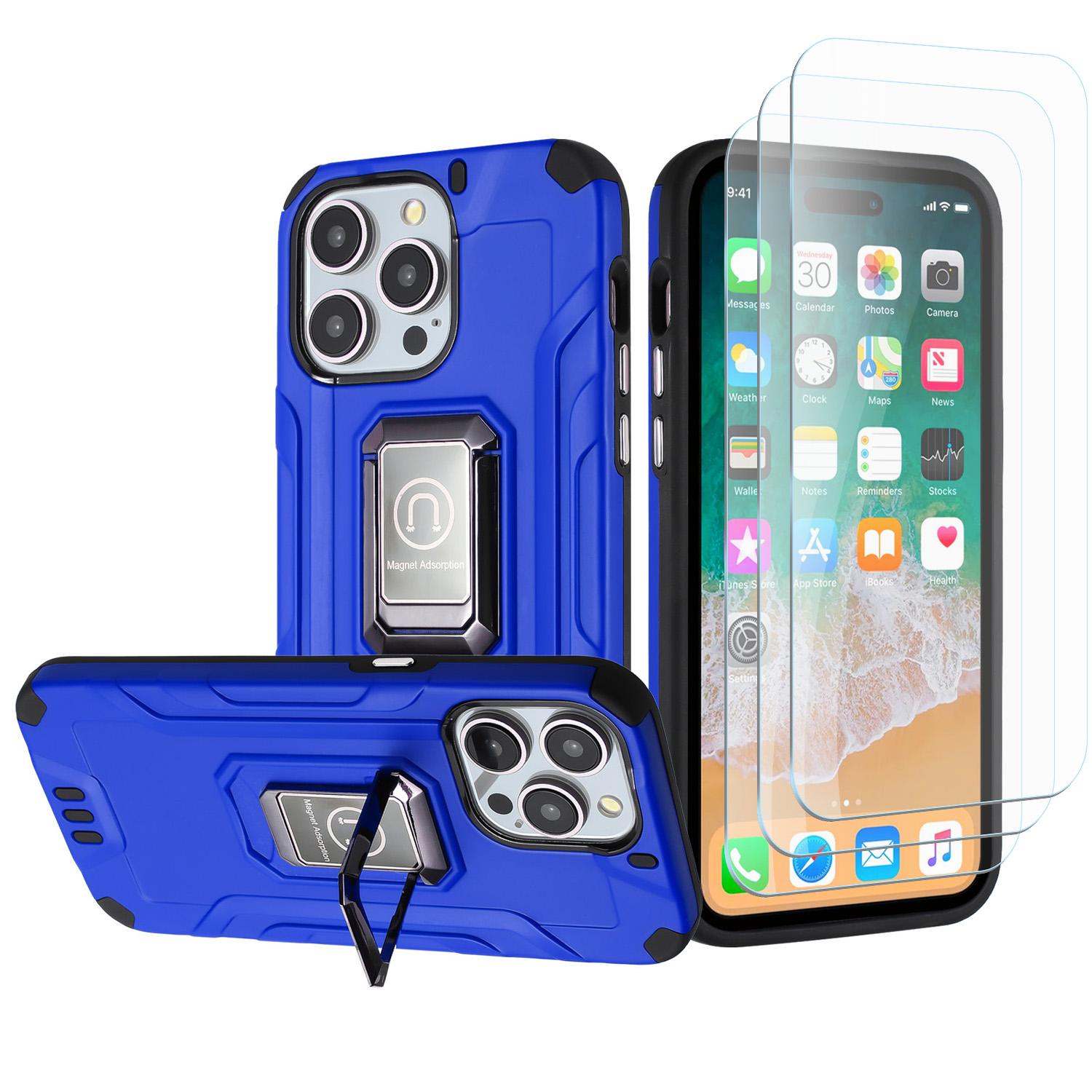 iPhone 15 Strong Tough Metallic Design Hybrid Premium Kicstand + 3X Tempered Glass - Blue