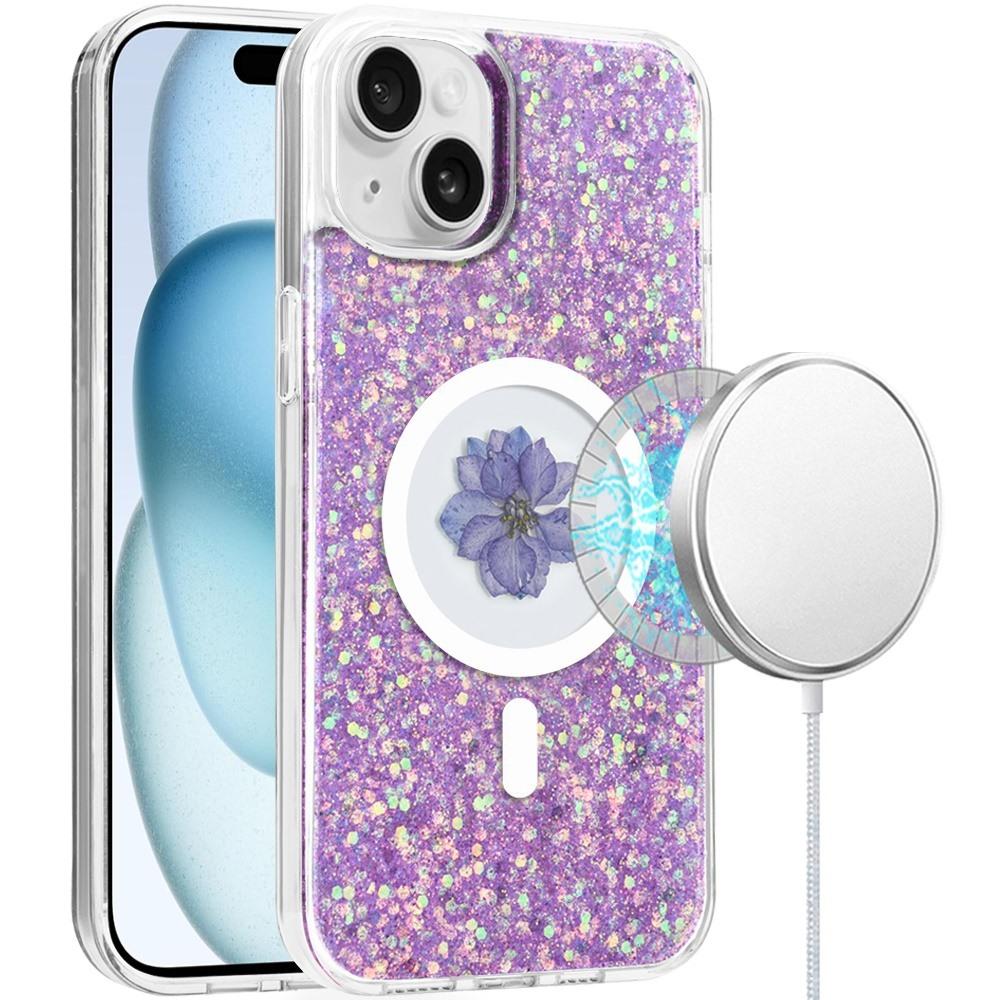 iPhone 15 Magnetic Ring Circle Real Flower Epoxy Glitter Hybrid - Light Purple