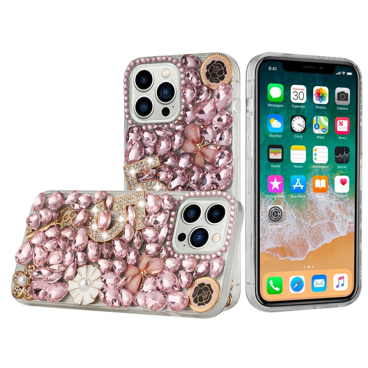 iPhone 15 Full Diamond with Ornaments Case Cover - Pink Five Ornament Floral