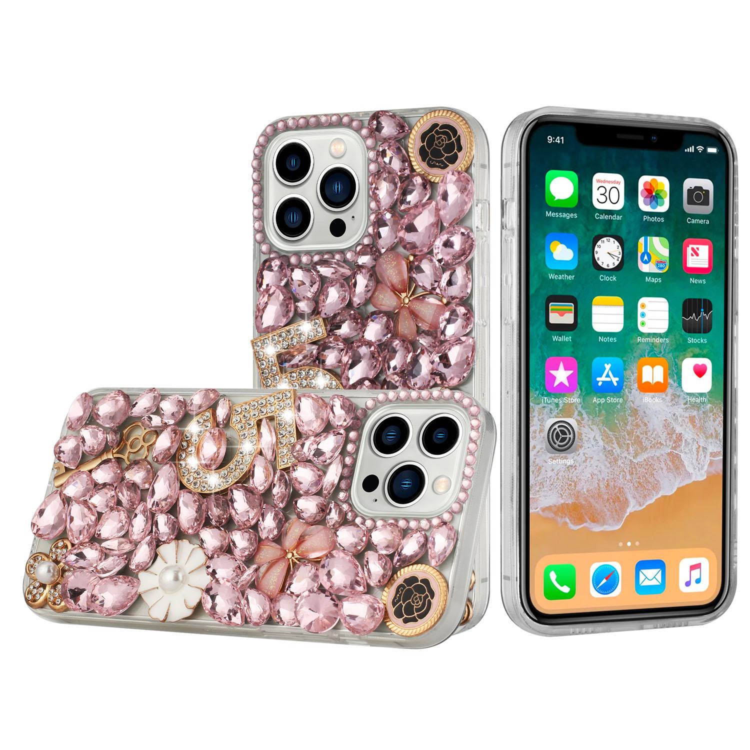 iPhone 15 Full Diamond with Ornaments Case Cover - Pink Five Ornament Floral