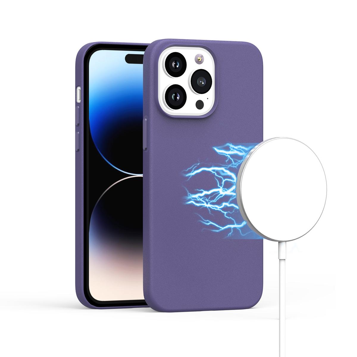 iPhone 15 PU Leather with inner [Magnetic Circle] Colored Metal Buttons - Wisteria
