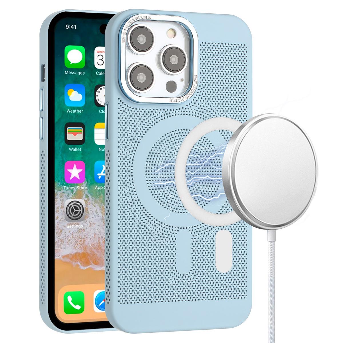 iPhone 15 Magnetic Ring Radiator Design Hybrid with Metal Buttons Case Coverr - Light Blue