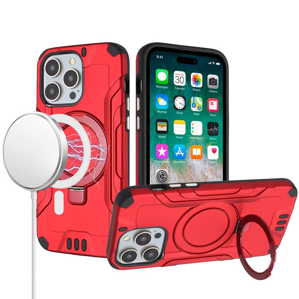 iPhone 15 Magnetic Circle Kickstand Exclusive Brushed Hybrid - Red