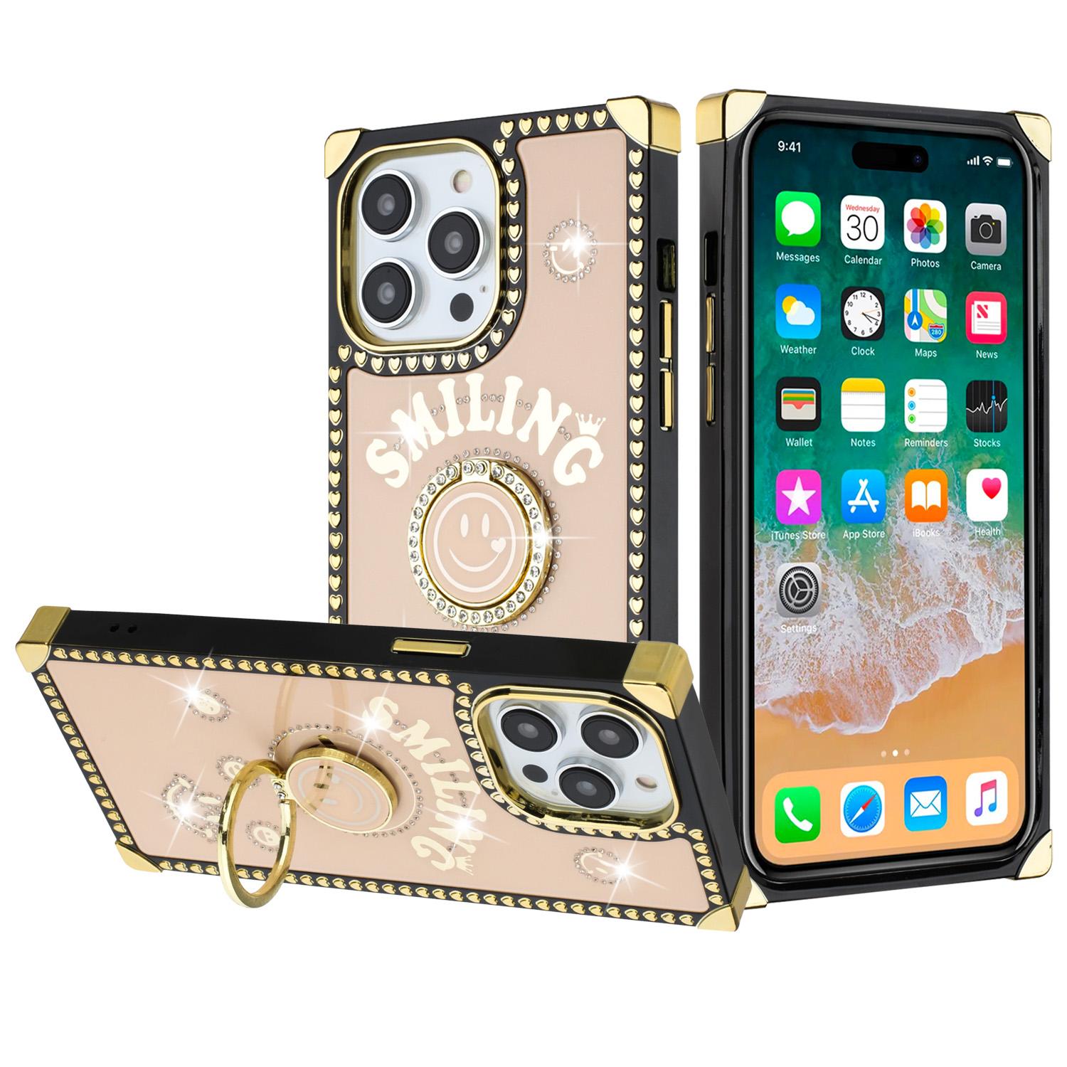 iPhone 15 Passion Square Hearts Smiling Diamond Ring Stand Case Cover - Gold