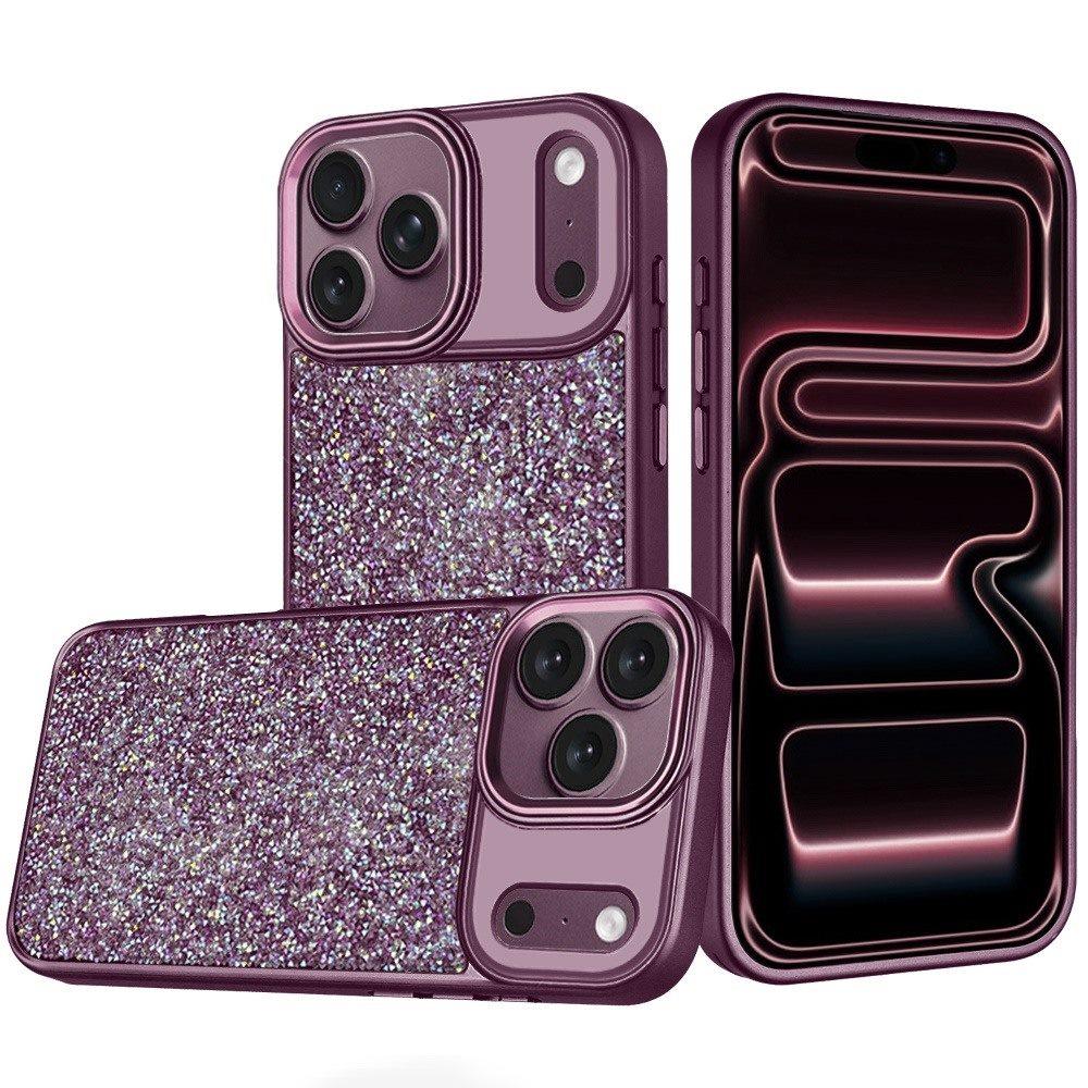 Apple iPhone 18 Pro Max Crystal Glass Diamond with Metallic Buttons and Edges Hybrid Case - Dark Cherry