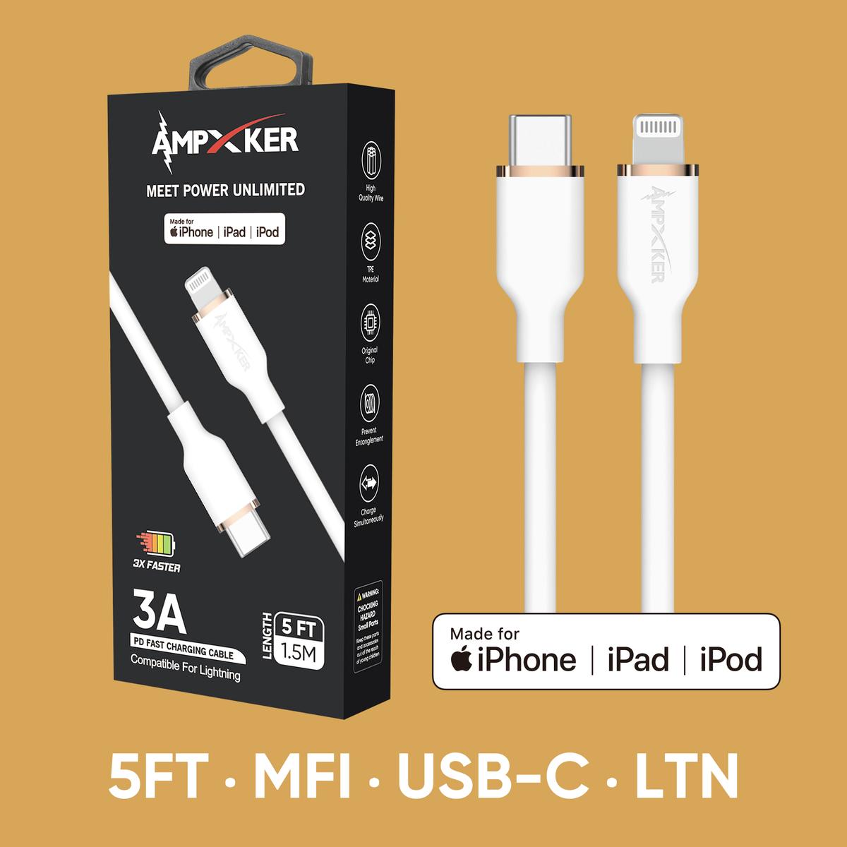 5 FT [TypeC - LIGHTNING] - MFI Apple Certified - 3A Fast Charging Silicone Cable -White
