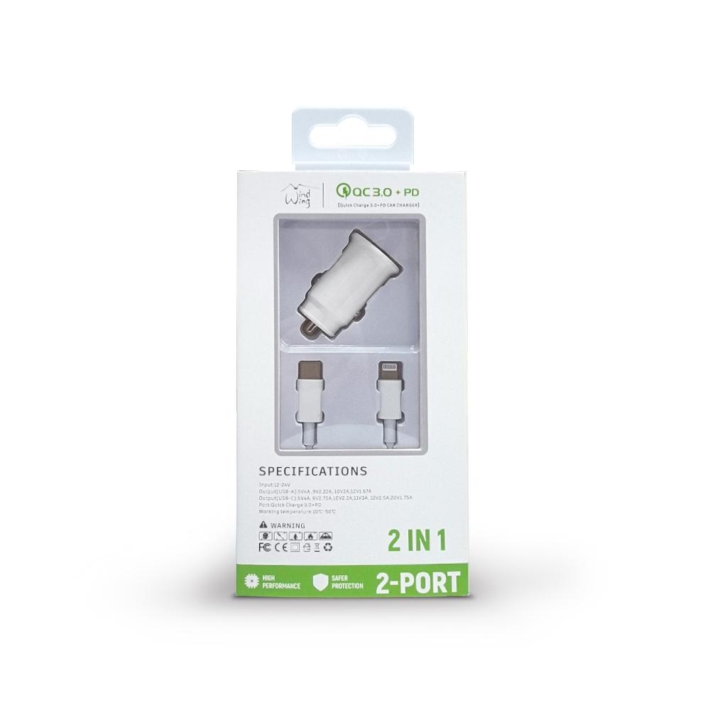 35W Fast Car charger 2 in 1 with Dual ports, C to 8 Pin cable in white, photo 2 of 4