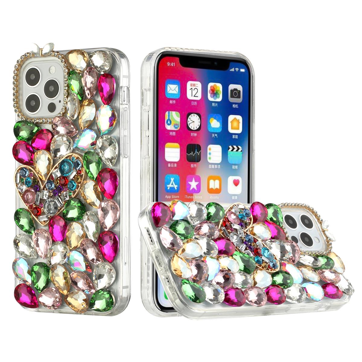 iPhone 15 Full Diamond with Ornaments Hard TPU Case Cover - Colorful Ornaments with Heart