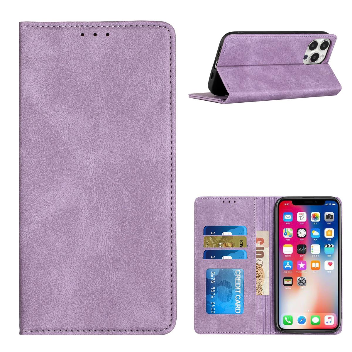 iPhone 15 Wallet Premium PU Vegan Leather ID Card Money Holder with Magnetic Closure - Purple