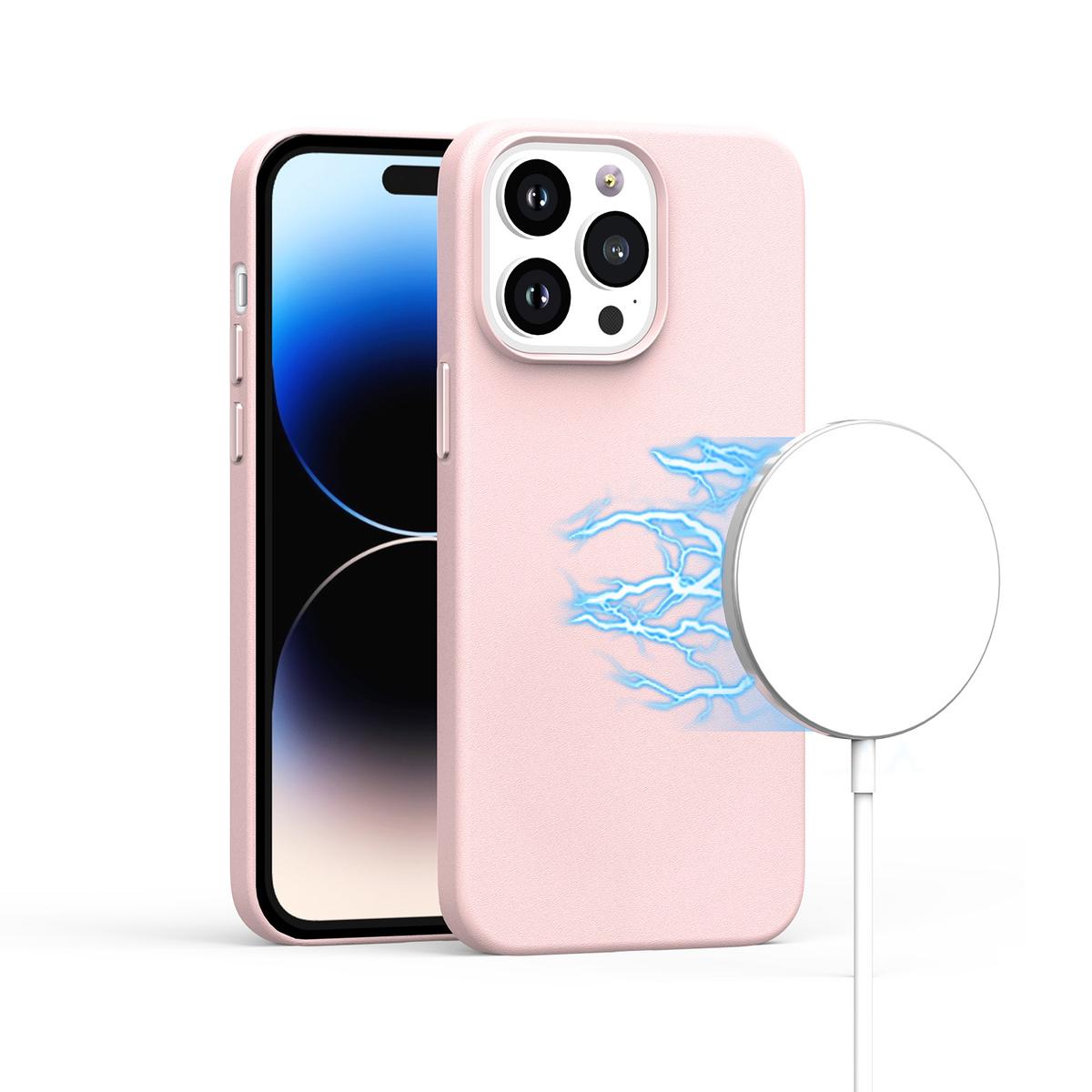 iPhone 15 PU Leather with inner [Magnetic Circle] Colored Metal Buttons - Light Pink