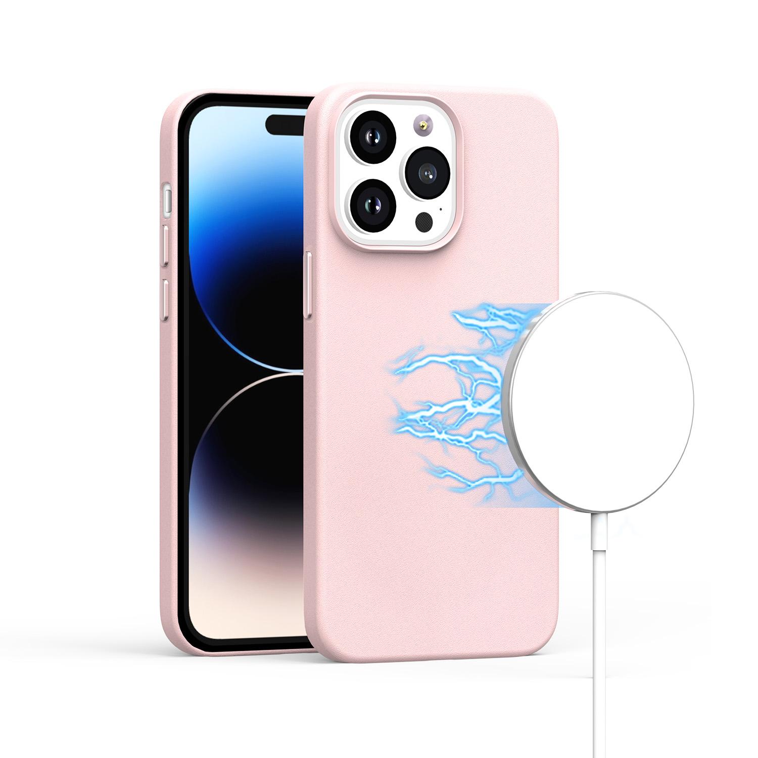 iPhone 15 PU Leather with inner [Magnetic Circle] Colored Metal Buttons - Light Pink