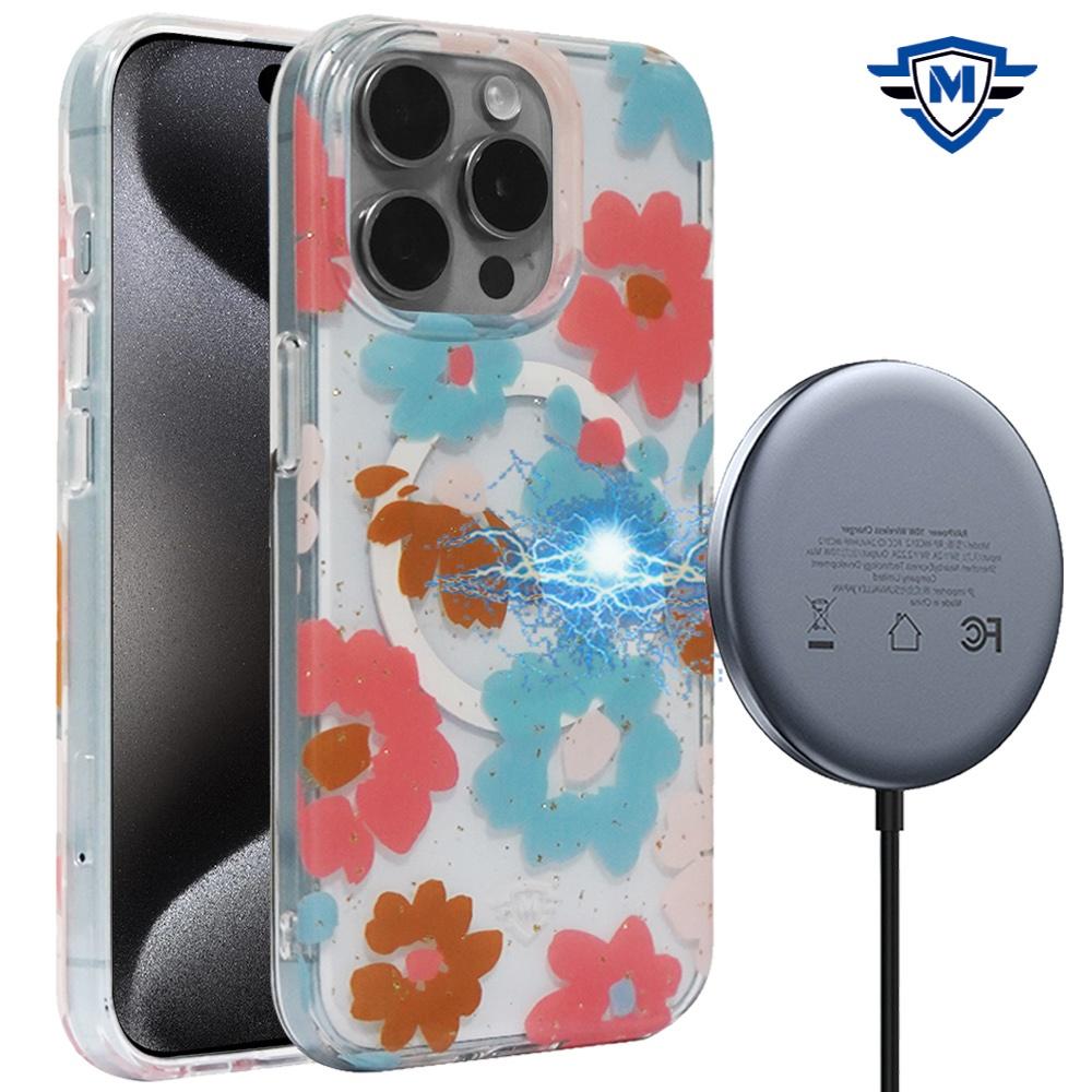 iPhone 15 METKASE Floral Design [Magnetic Circle] Transparent Hybrid - Sunflower