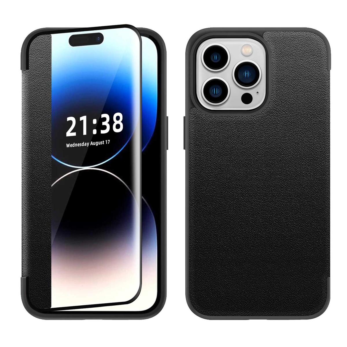 iPhone 15 PU Leather Window Flap Case with Cover - Black