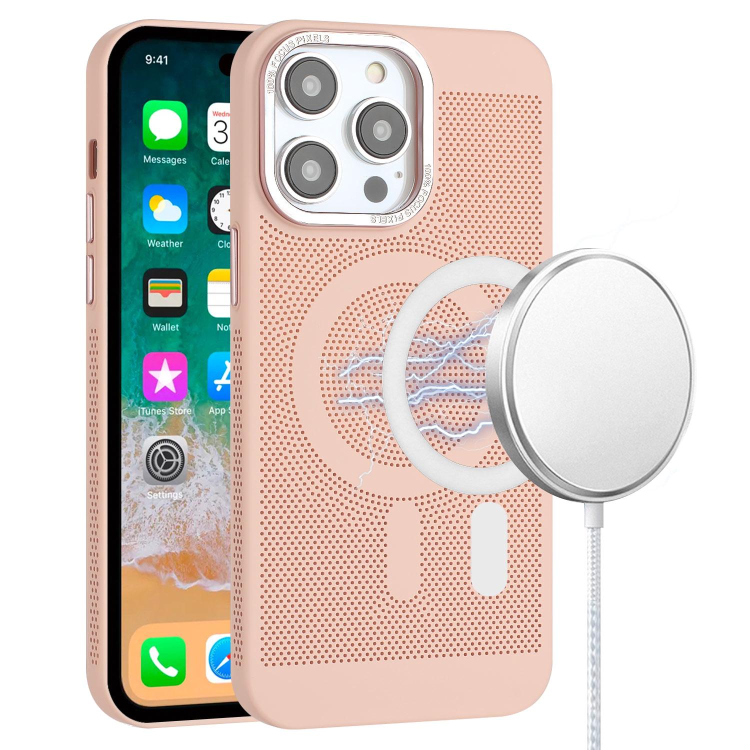 iPhone 15 Magnetic Ring Radiator Design Hybrid with Metal Buttons Case Coverr - Light Pink