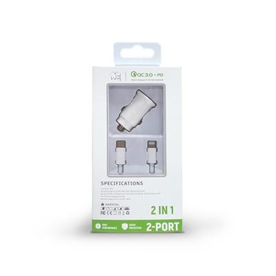 35W Fast Car charger 2 in 1 with Dual ports, C to 8 Pin cable in white, photo 2 of 4