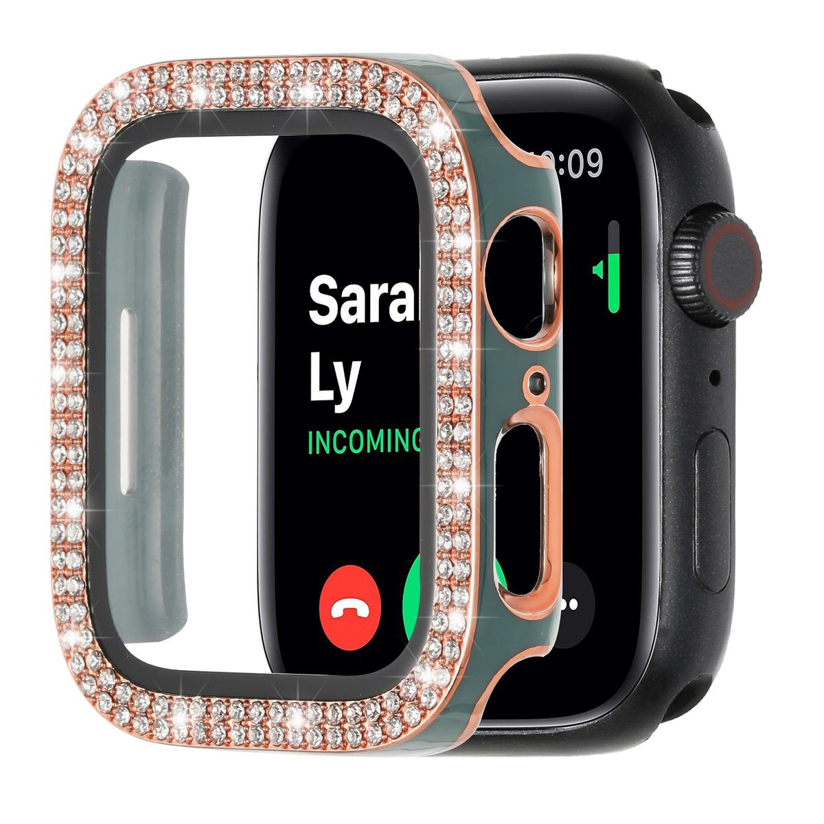 41mm Diamond Full Coverage with Tempered Glass iWatch Screen Frame - Chromed Gold+Midnight Green