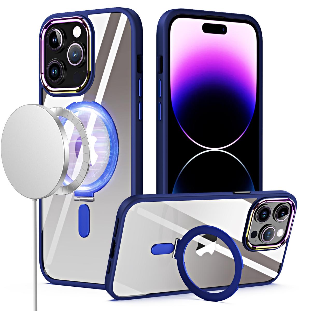 iPhone 15 Dazzle [Magnetic Circle] Kickstand Alloy Chrome Transparent Hybrid - Navy Blue