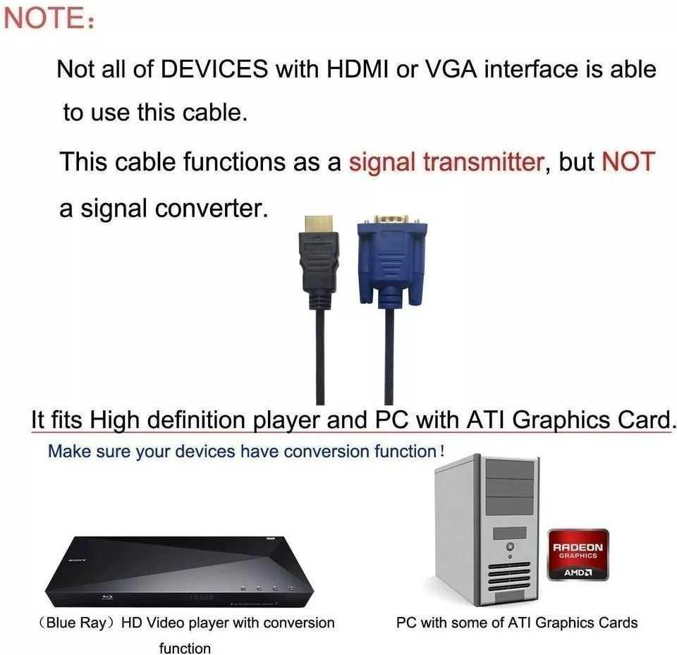 HDMI to VGA Cable HD-15 D-SUB Video Adapter Cord For PC Monitor Game HDTV, photo 5 of 5