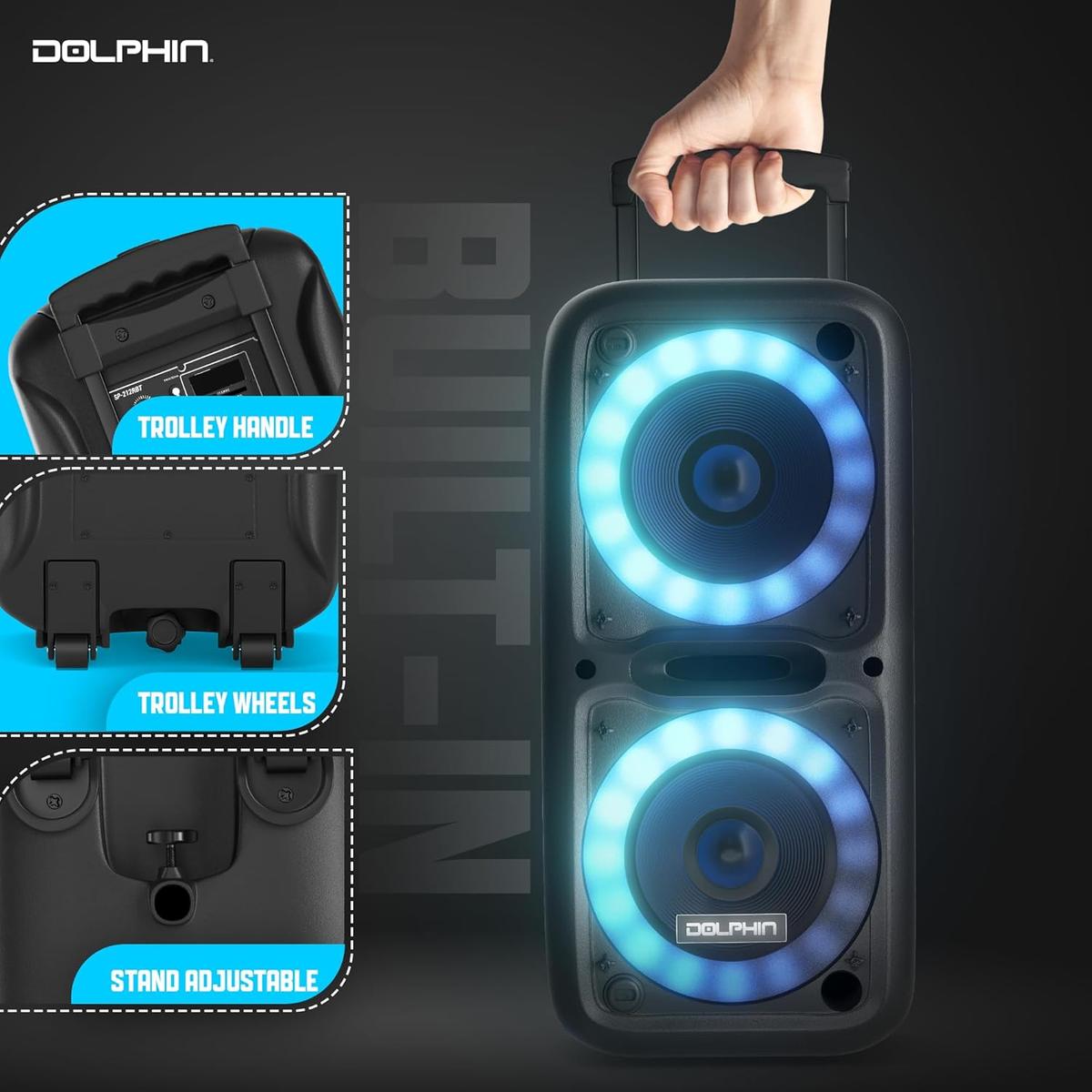 Dolphin BoxParty 2120 Dual 12" Party Speakers - Portable & Rechargeable Sound with Microphone, Bluetooth, USB, Hi-Fi Amp, Powerful Bass, 5-Band Equalizer & LED Lights - Long Battery Life - 2x12-inch, photo 7 of 7