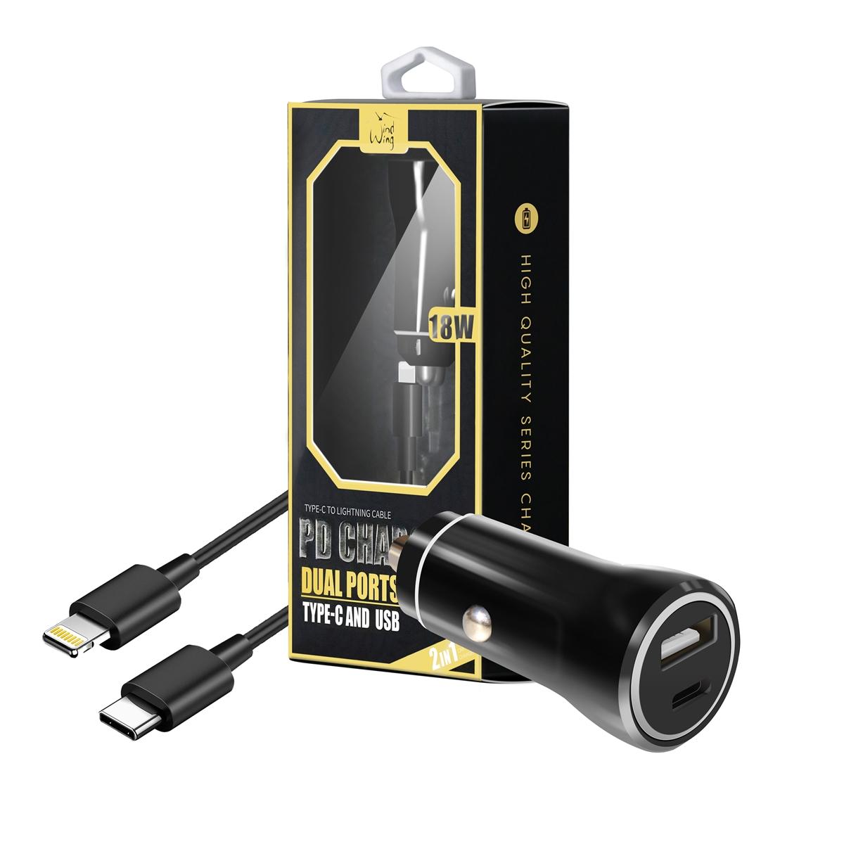 2-IN-1 18W PD Fast Type C&USB Dual Ports Car Charger+Type C to 8 pin Cable in Black
