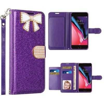 iPhone 13 Pro (6.1") Sparkle Glitter Diamond Leather Wallet Case with Magnetic Flip and Hand Strap in Purple