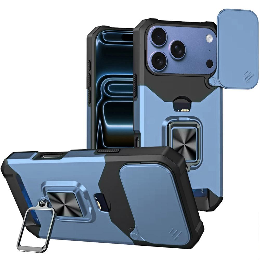 Apple iPhone 18 Pro Max Multi-Functional Card Magnetic Ring Stand Hybrid Camera Case Cover - Light Blue