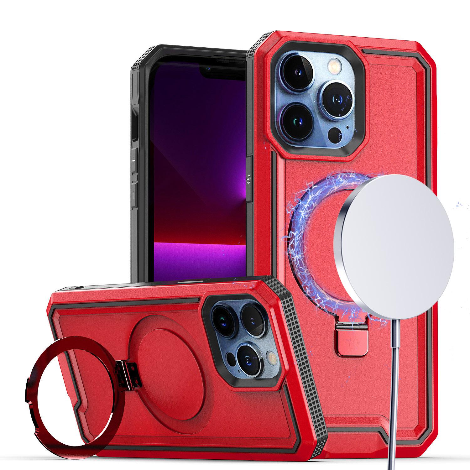 iPhone 15 Aligned [Magnetic Circle] Kickstand Tough Strong ShockProof Hybrid - Red