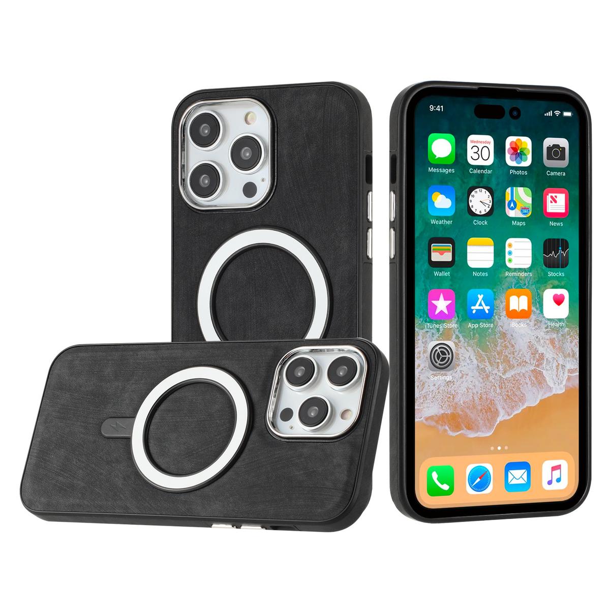 iPhone 12 Pro Max 6.7 Fashion Chrome Edged Camera [Magnetic Circle] PU Leather Hybrid - Black, photo 2 of 3