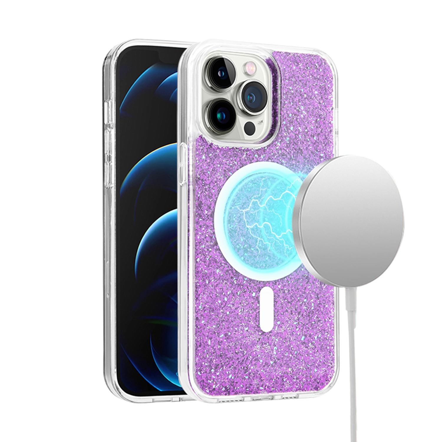 iPhone 15 Epoxy Glitter [Magnetic Circle] ShockProof Hybrid 2.5mm Thick - Hot Pink