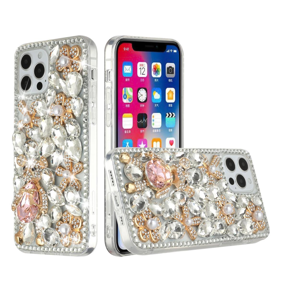 iPhone 15 Full Diamond with Ornaments Hard TPU Case Cover - Silver Panda Floral