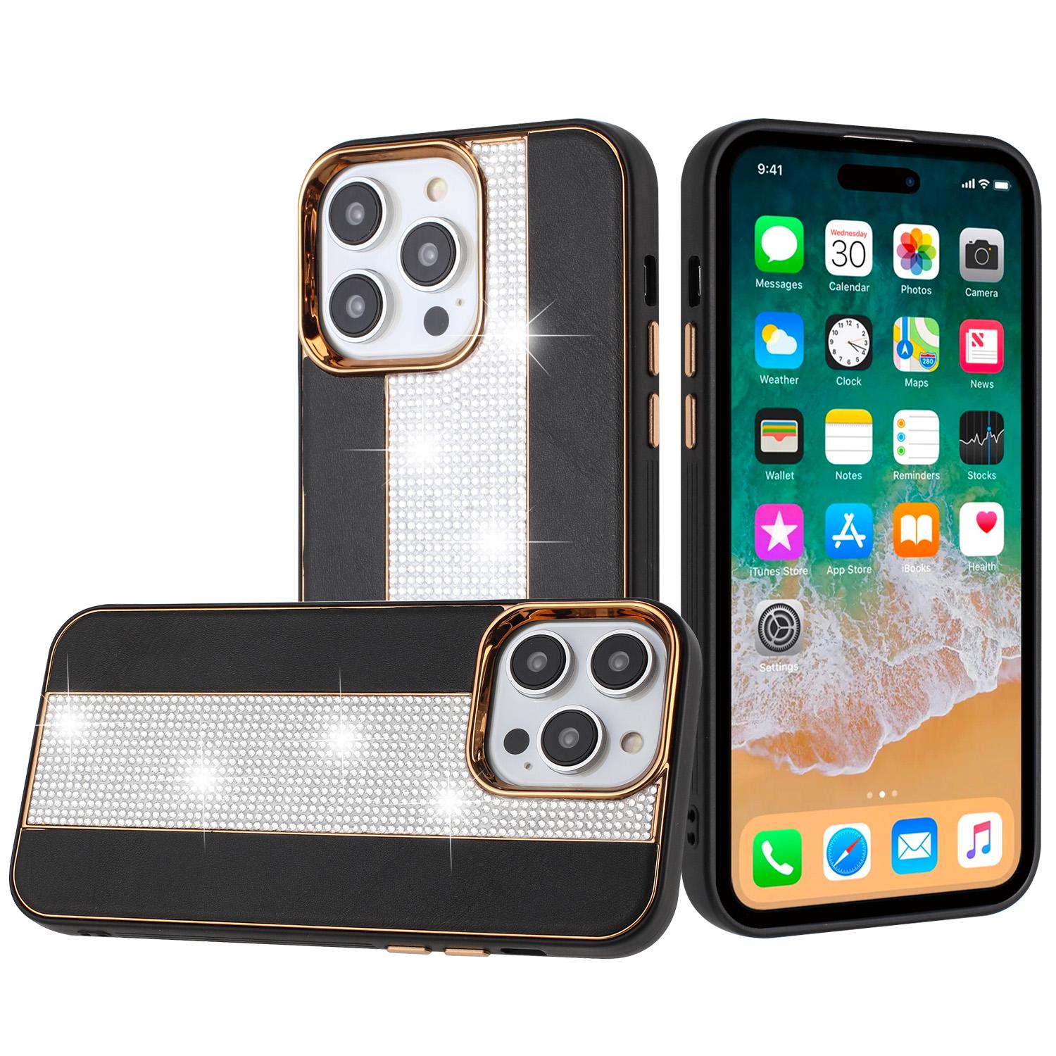 iPhone 15 Flashy Diamond Leather Sticked On Hybrid with Chrome Camera Edge - Black