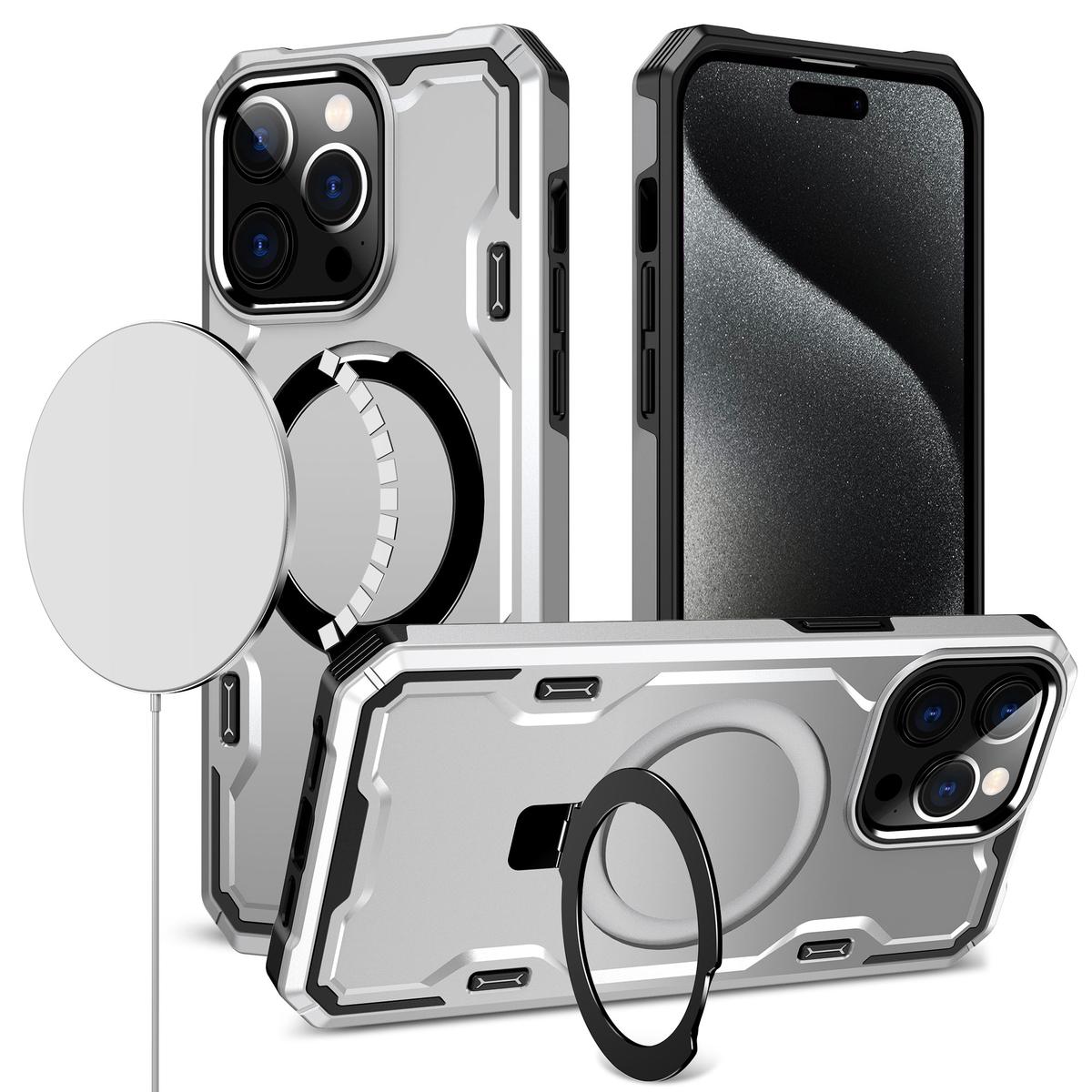 iPhone 15 Magnetic Ring Stand Simplistic Tough Hybrid Case Cover - Silver