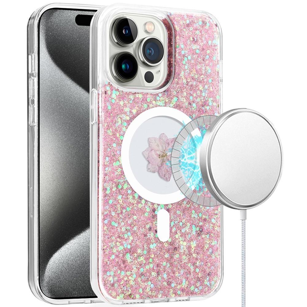 iPhone 15 Pro Real Flower Epoxy Glitter Hybrid Case – Magnetic Ring Circle Design, photo 11 of 12