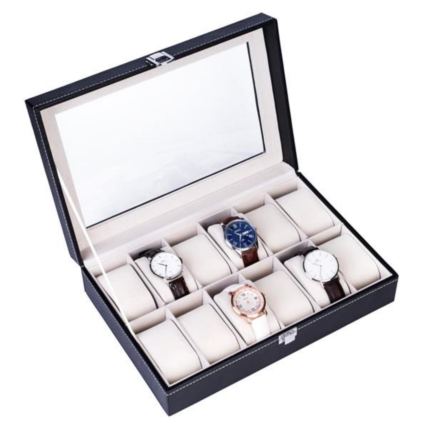 12-Slot Watch Box Display Case, Faux Leather, Black