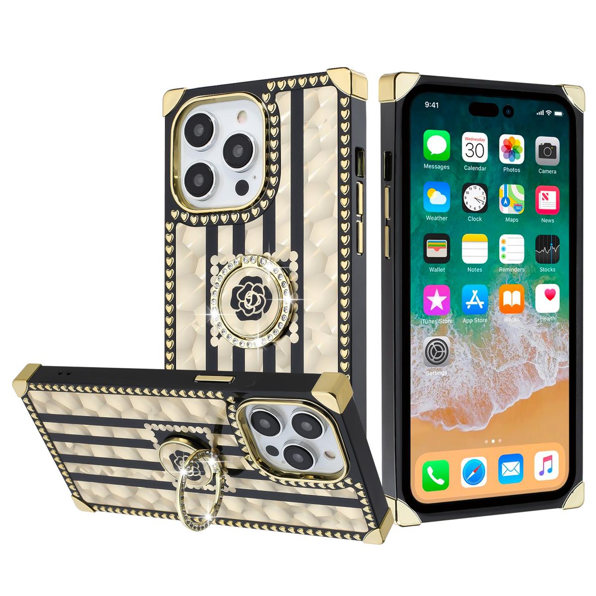 iPhone 15 SQUARE Passion Glitter Diamond Ring Stand Case Cover - BLACK CHROME