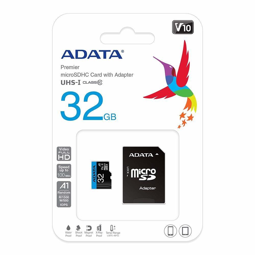 ADATA Premier 32GB MicroSDHC/SDXC UHS-I Class 10 V10 A1 Memory Card with Adapter-Black