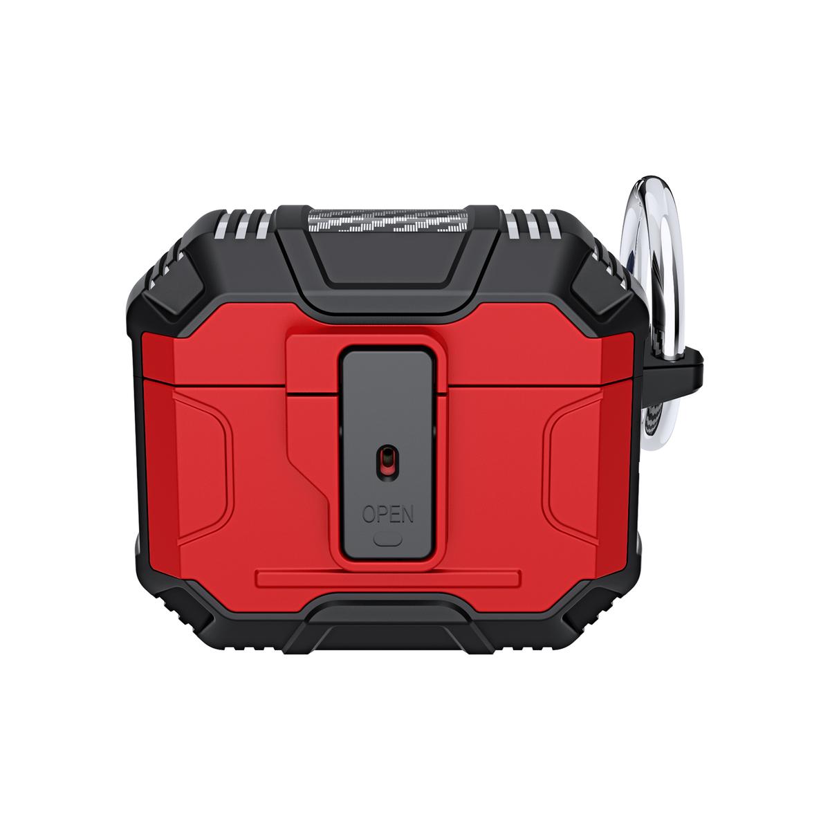 AirPods 3 Rugged ShockProof Hybrid With Open Button Metal Hook Case Cover - Red