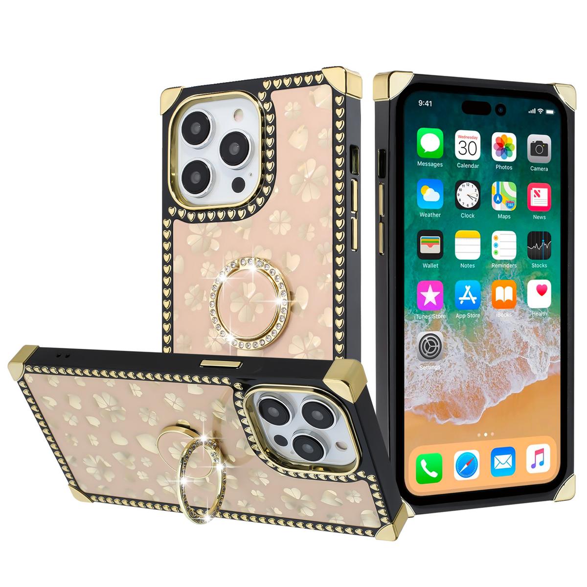 iPhone 15 SQUARE Passion Glitter Diamond Ring Stand Case Cover - Heart Design Gold